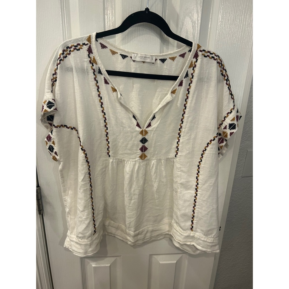 Lucky Brand Peasant Top White Embroidered Boho V-Neck Empire Blouse XL